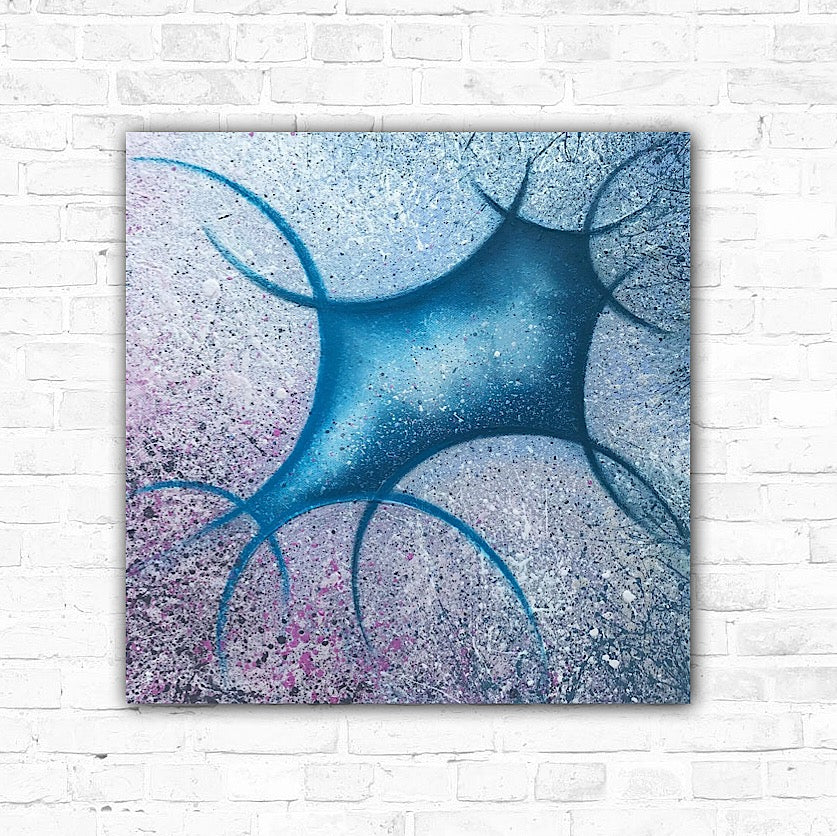 Textured art featuring a mix of blue, grey, silver, and white tones with a vibrant splash of pink, presented on a professionally stretched canvas with visible texture.