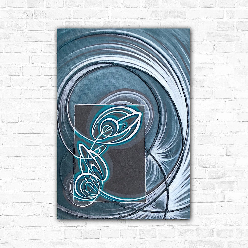 Texture art featuring a handmade abstract Lino cut that sits within an acrylic abstract painting, with a colour palette consisting of simple blues and silver.