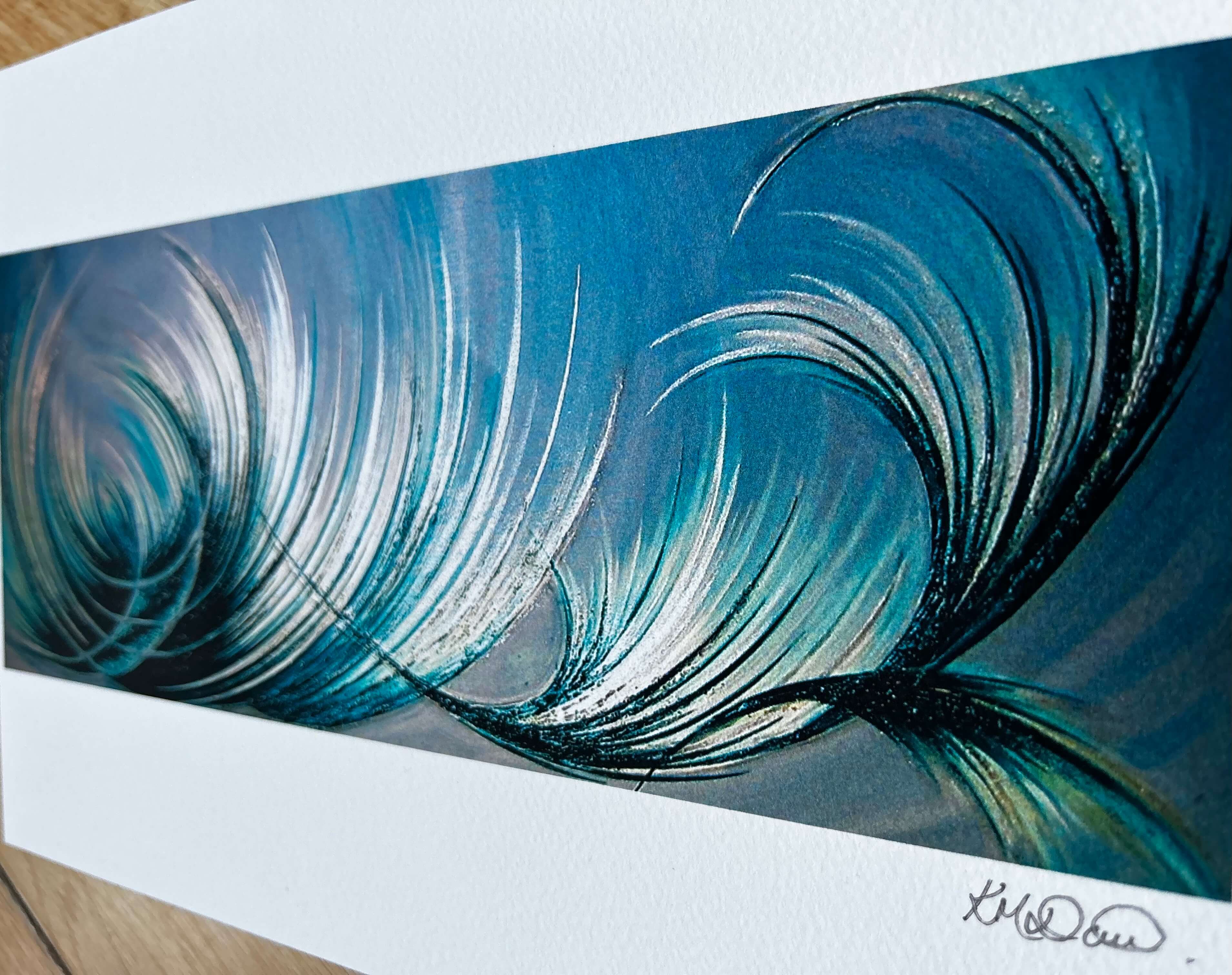 Signed blue abstract art print with blue and silvery tones.