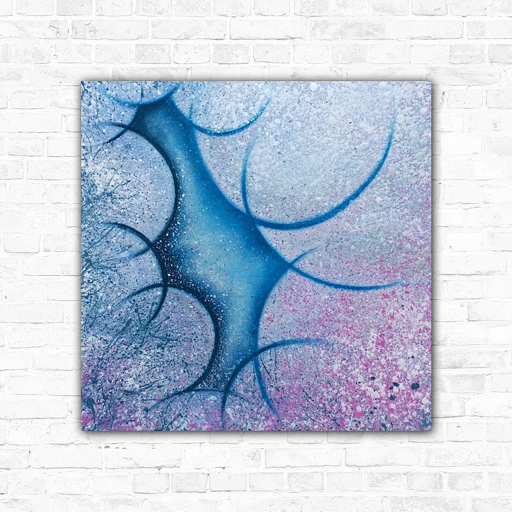 Textured artwork featuring a variety of colours including blue, grey, silver, and pink.