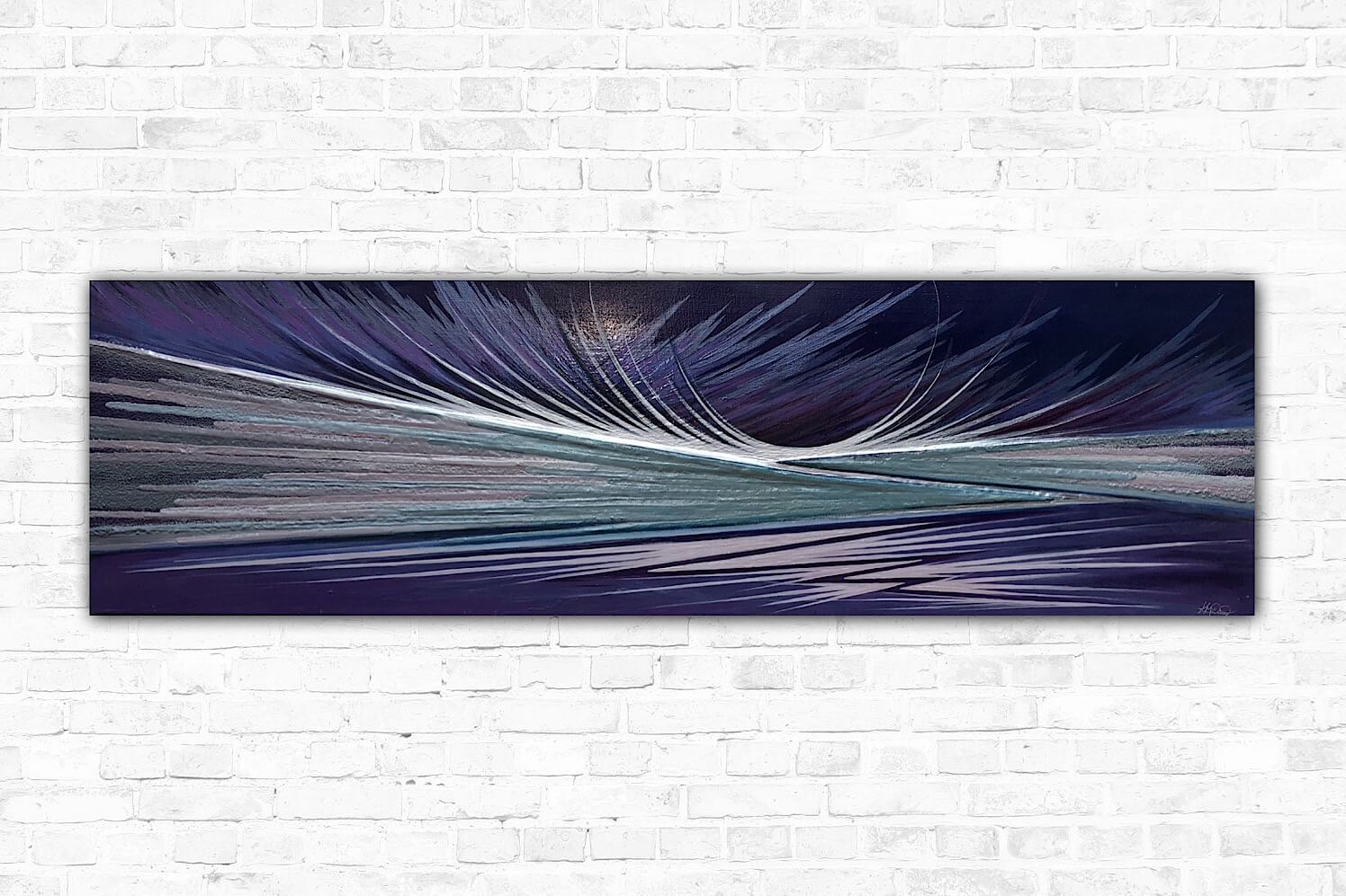 A piece of landscape art abstract featuring various shades of purple with subtle grey, blue, pink, and silver tones, presented on a slimline professionally stretched canvas.