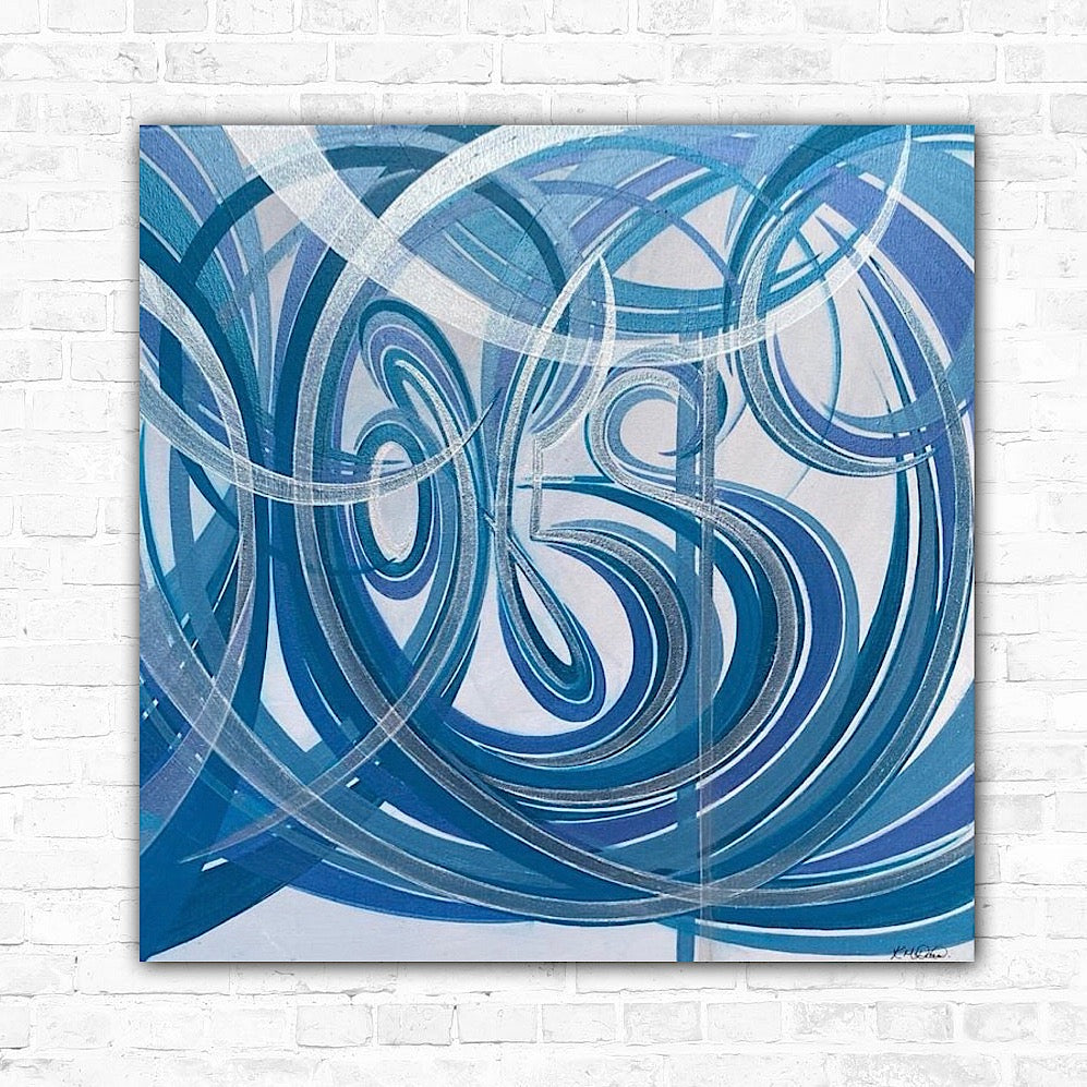 Unique art - Word art pictures featuring fluid-like blue lines on a canvas, with the artwork titled 'Honesty'.