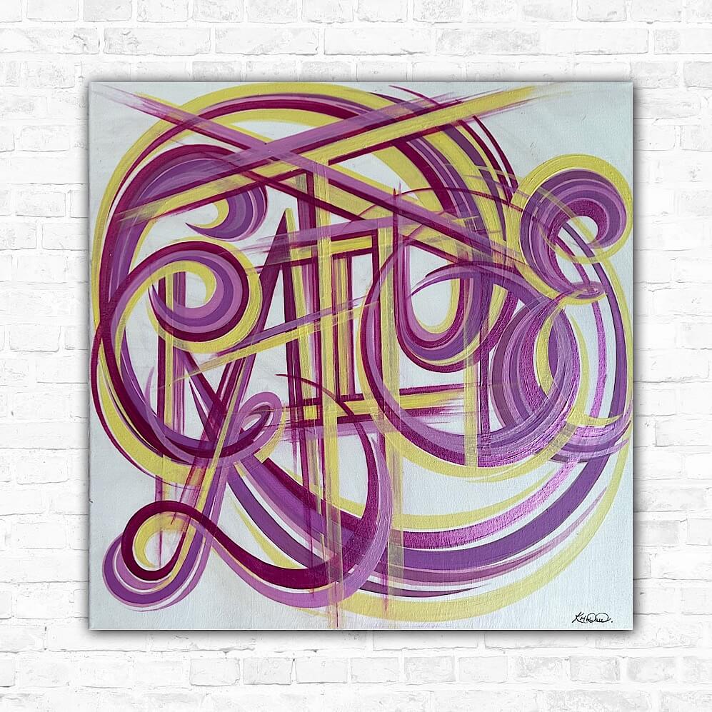 Acrylic painting on canvas with the words 'GRATITUDE' in pink and yellow tones against a white background, signed by the artist.