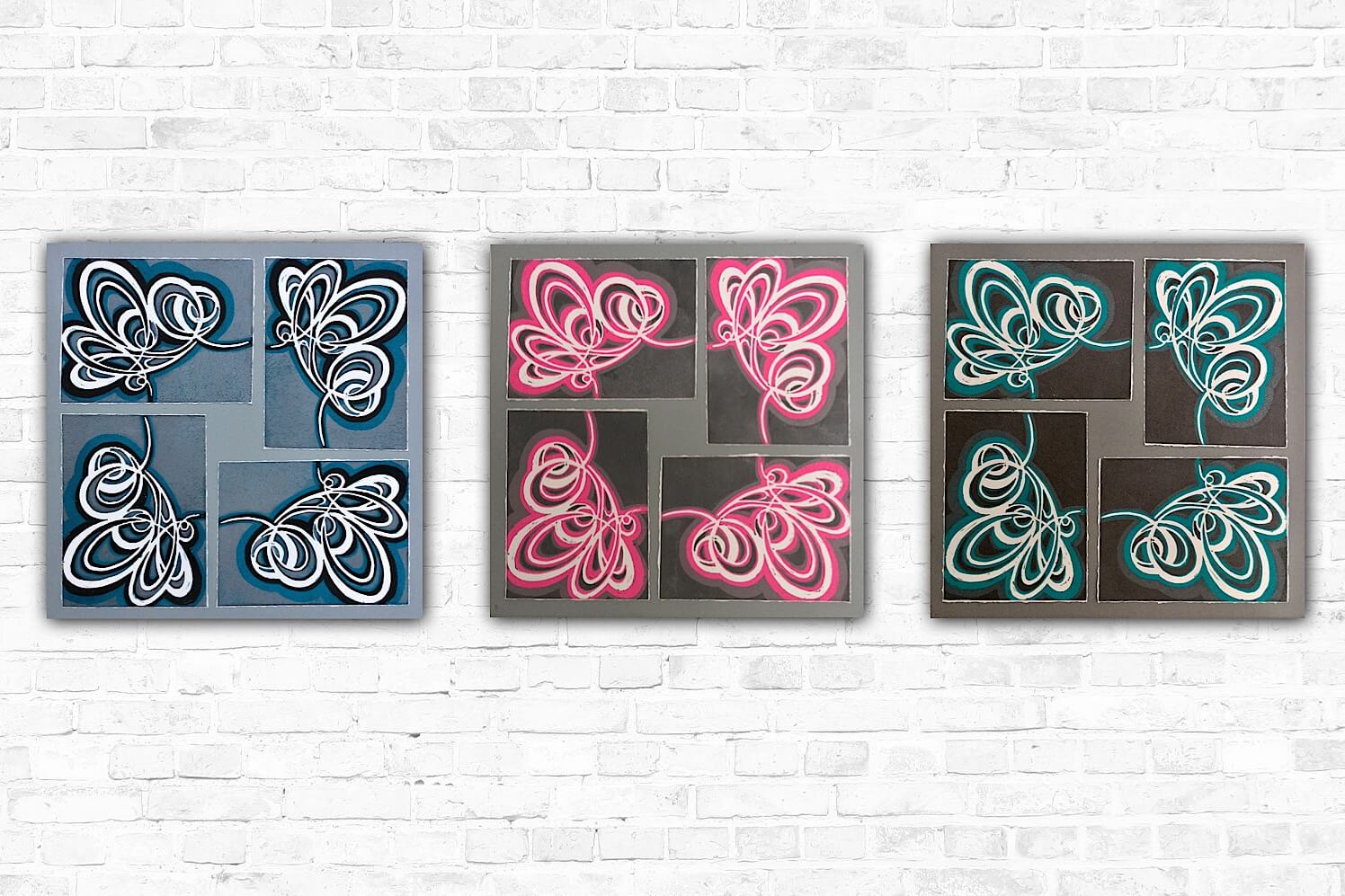 Line art flowers. Triptych artwork.