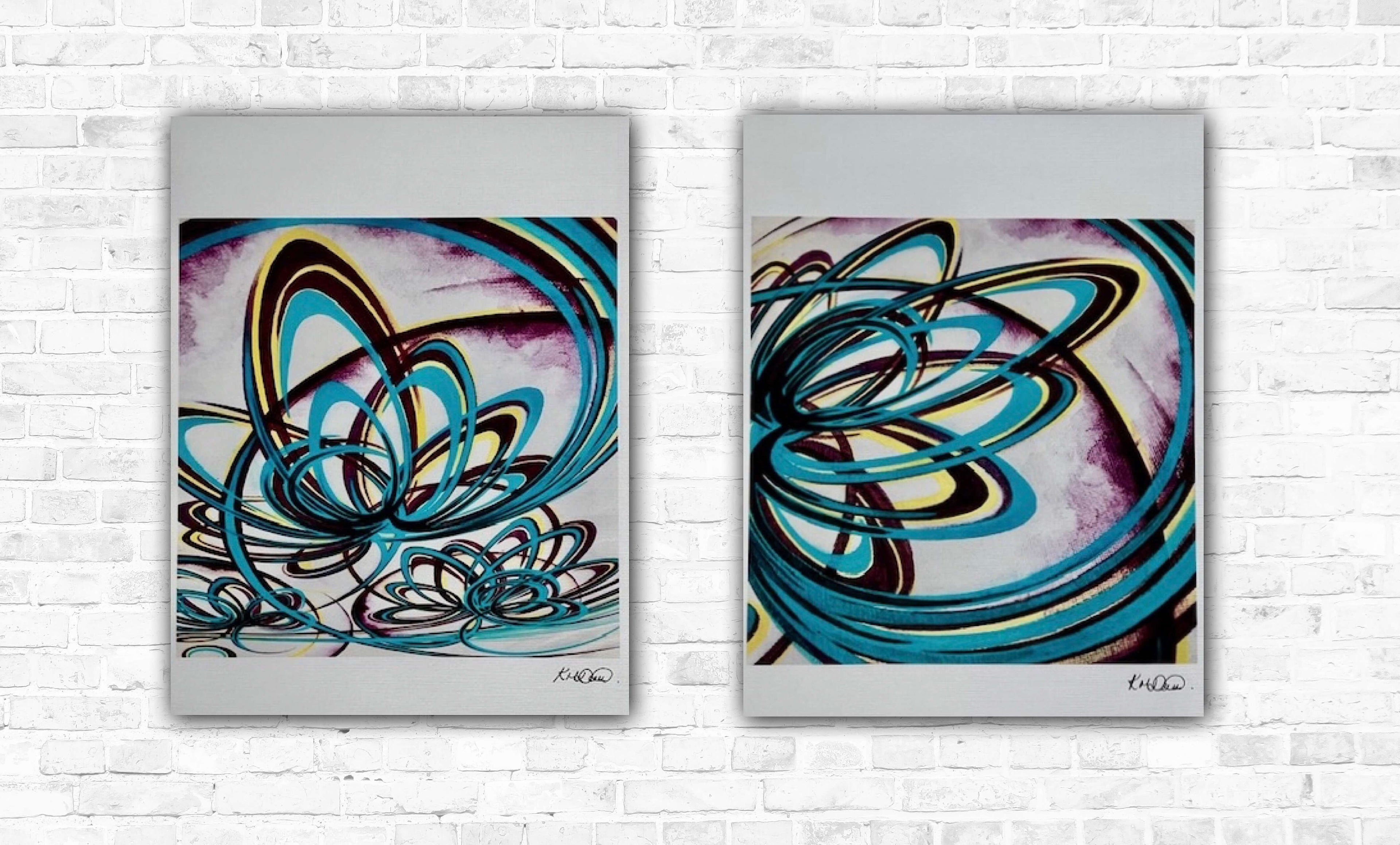 Abstract prints featuring colouful floral patterns on a white background, signed by an artist.