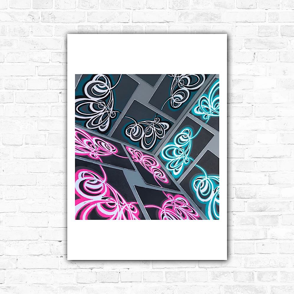 Colourful artwork featuring abstract designs with blue and pink colours on a black background, displayed on a white wall.