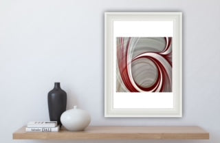 Framed abstract artwork on a shelf with decorative items. ideal piece of corporate artwork.