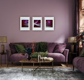 Set of three framed prints displaying a symbolic design on paper. Sold as unframed prints from UK artist.