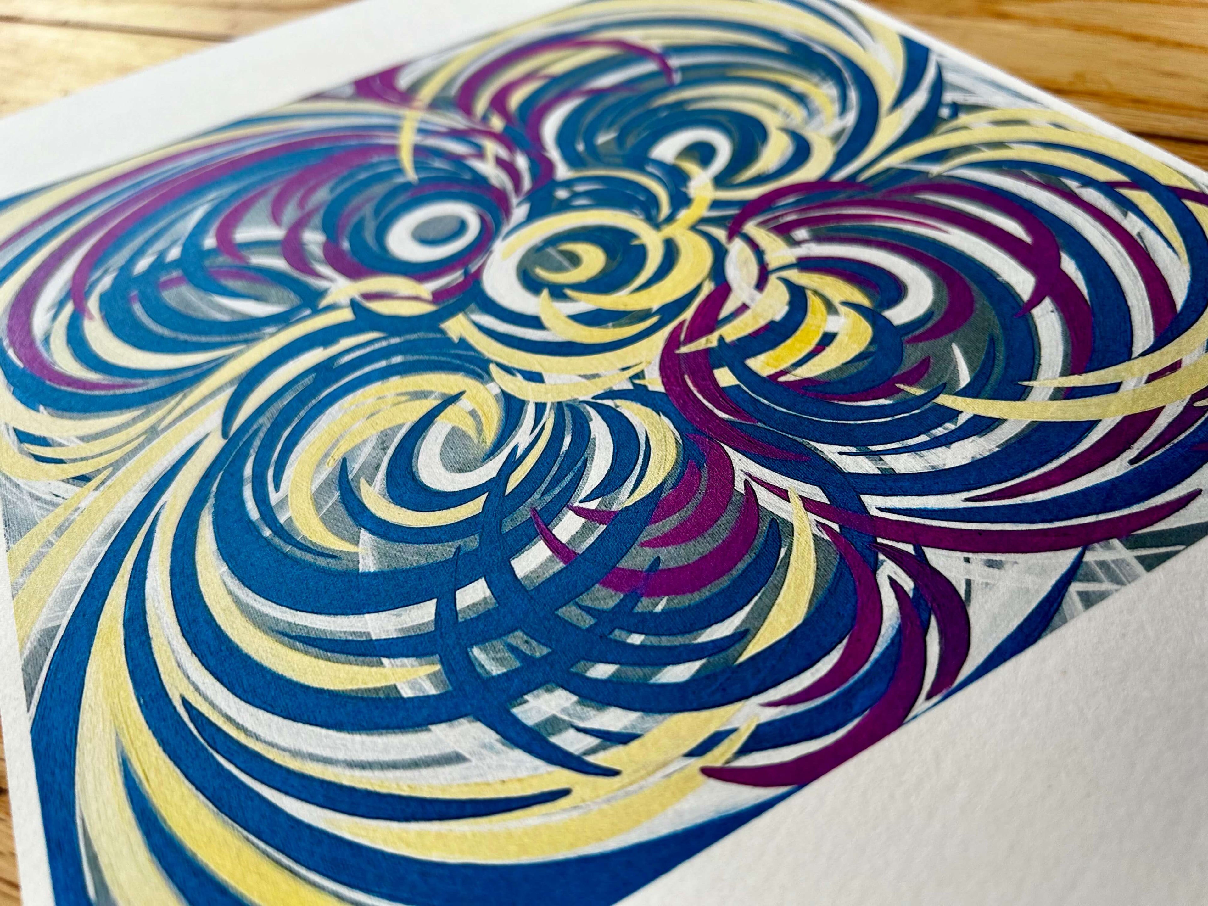 Colourful abstract art print with multi coloured swirls.