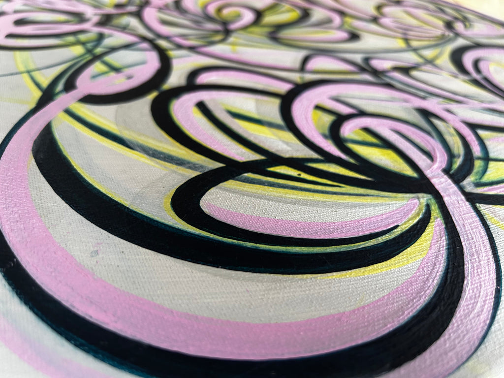 Pink, navy and yellow non representational flower painting.