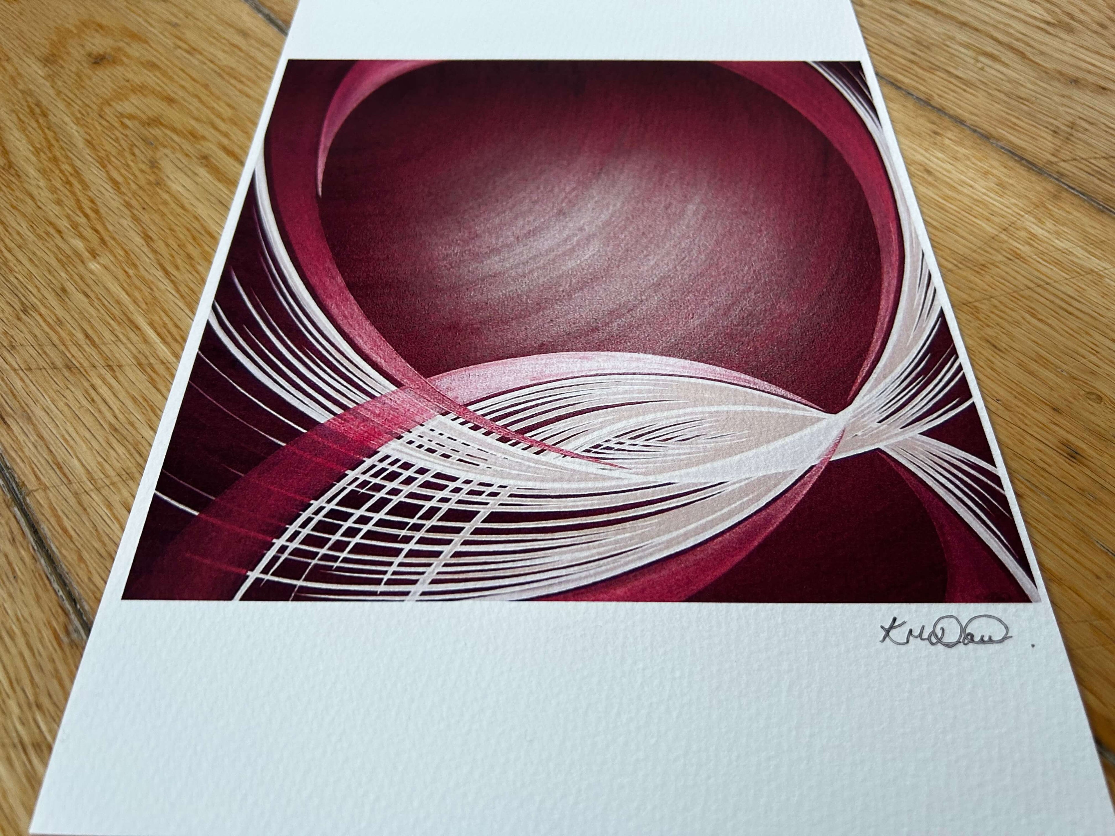 Red and white minimalist, contemporary wall artwork on paper.