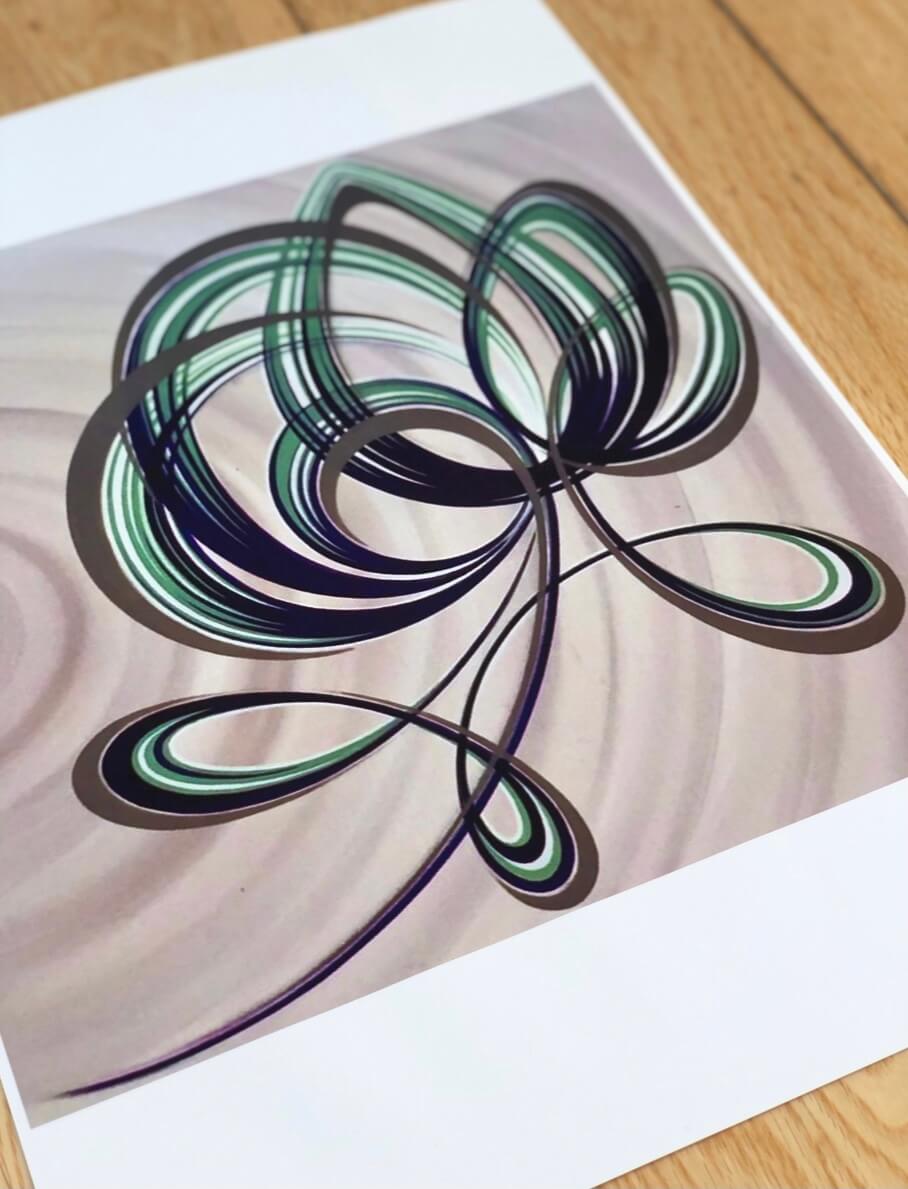Green, purple and silver minimalistic flower print.