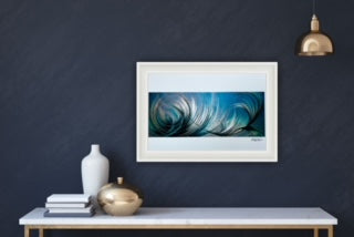 Framed modern blue prints artwork on a wall. Sold unframed in sizes A4 and A3 from an independent UK business.