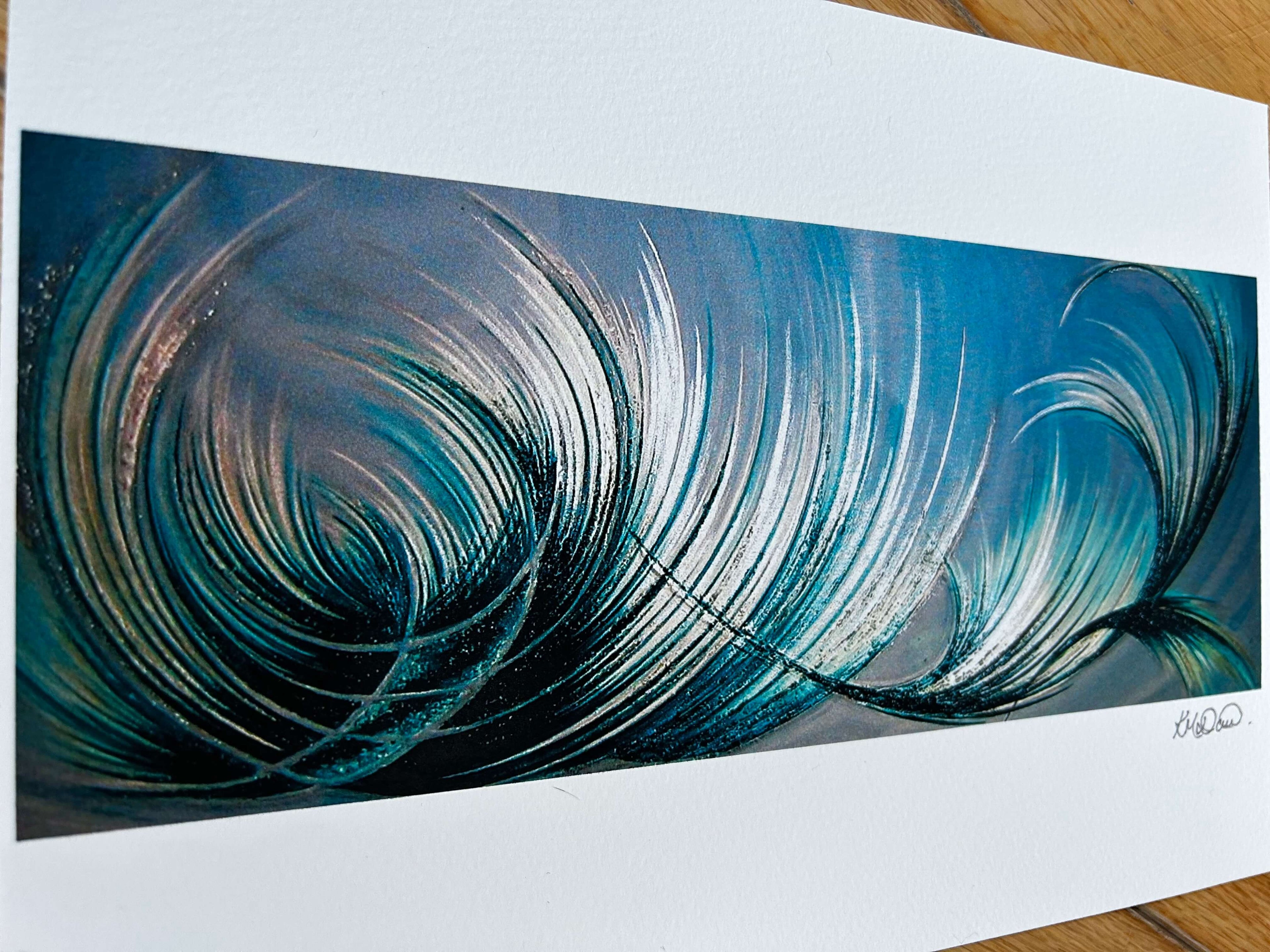 Blue abstract artwork on paper and signed by the artist.