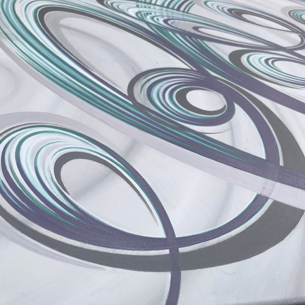 Large modern painting with purple, green and grey abstract swirls. 