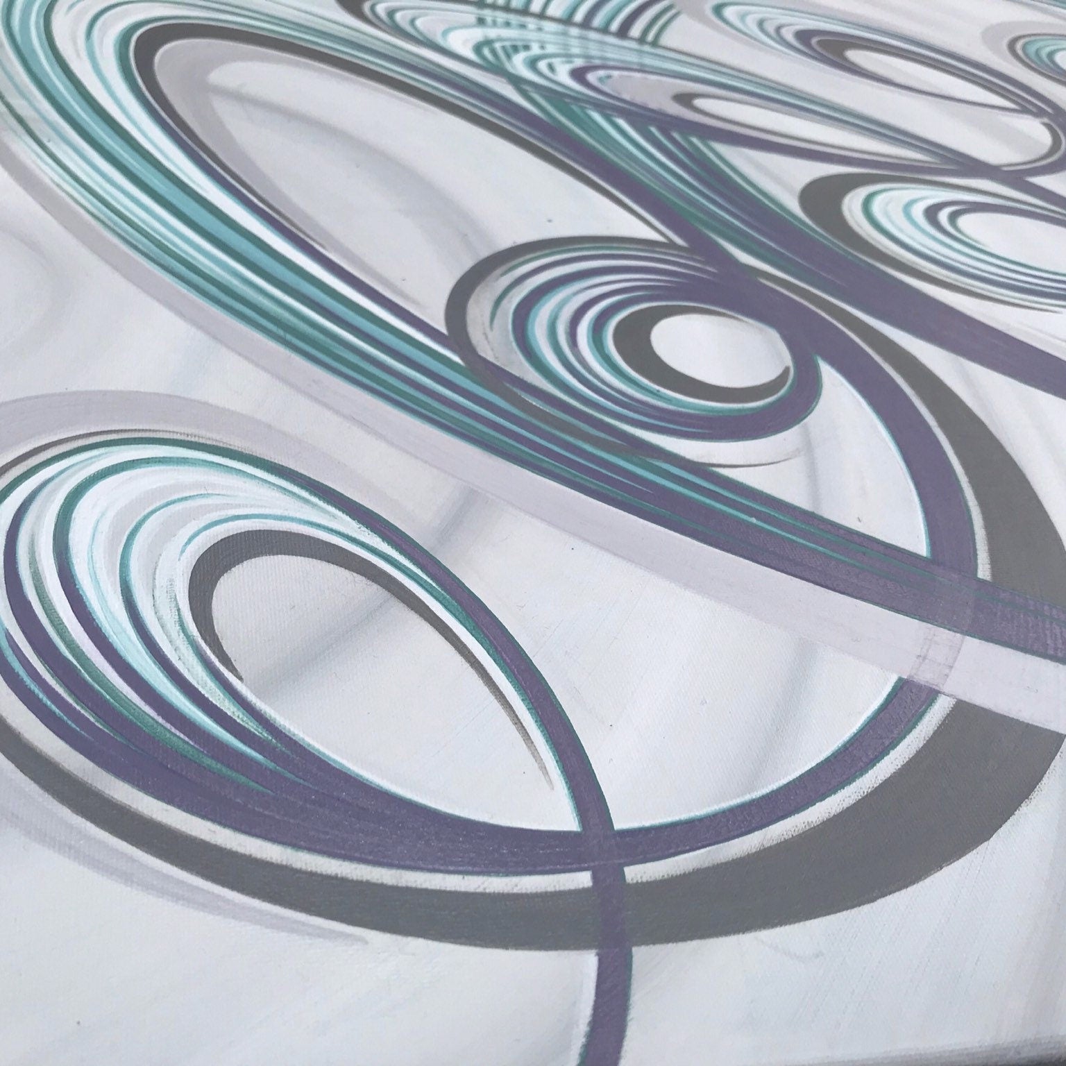 Large modern painting with purple, green and grey abstract swirls. 