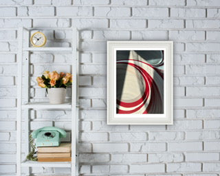 Framed art print with white and red rhythmic pattern, sold by UK artist. 
