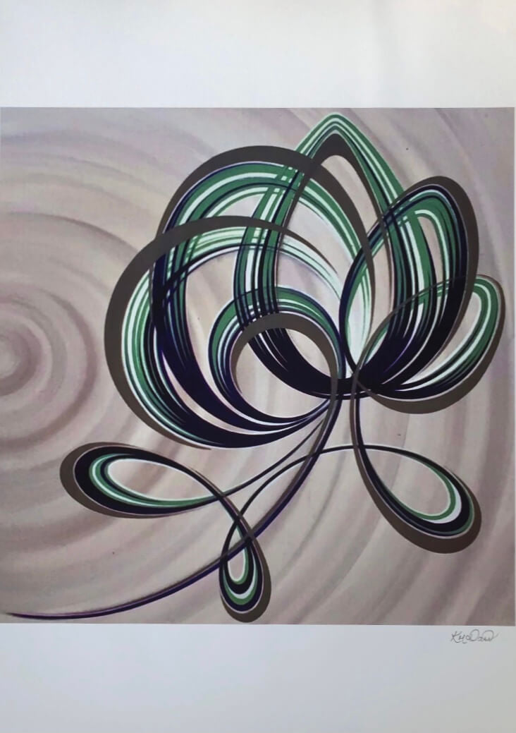 Green, purple and silver flower print signed by British artist. 