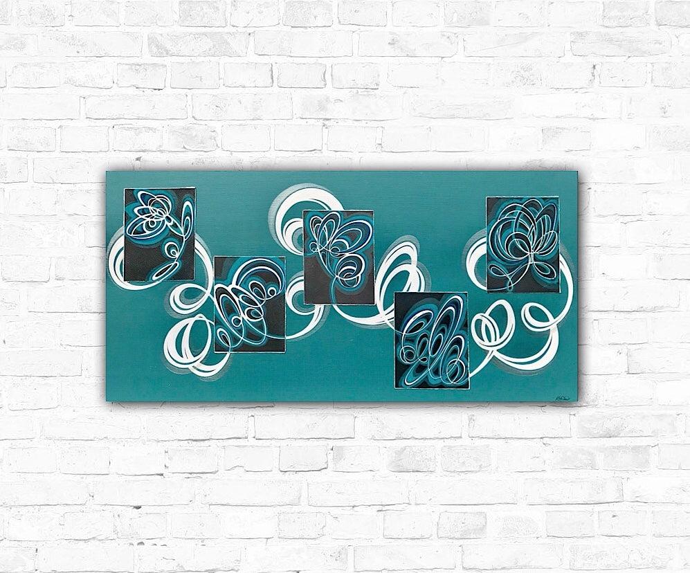 A large canvas wall art featuring turquoise, white, and silver colours, consisting of five handcrafted lino prints mounted on a stretched canvas.