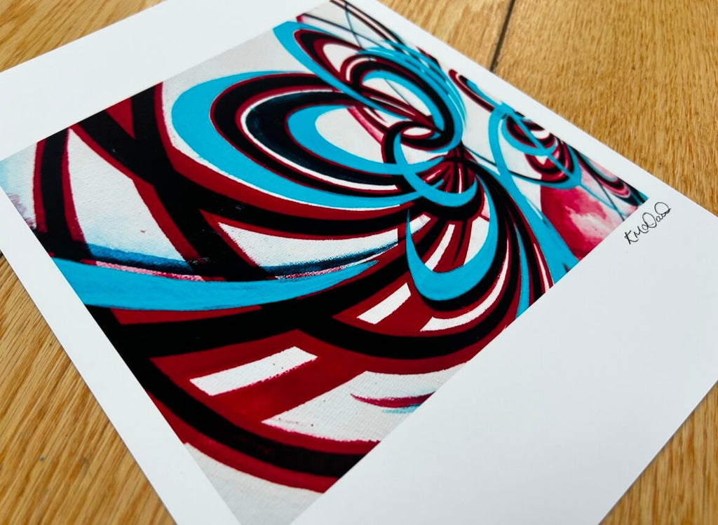 Red, turquoise and navy abstract flower prints available in print sizes A4 and A3.
