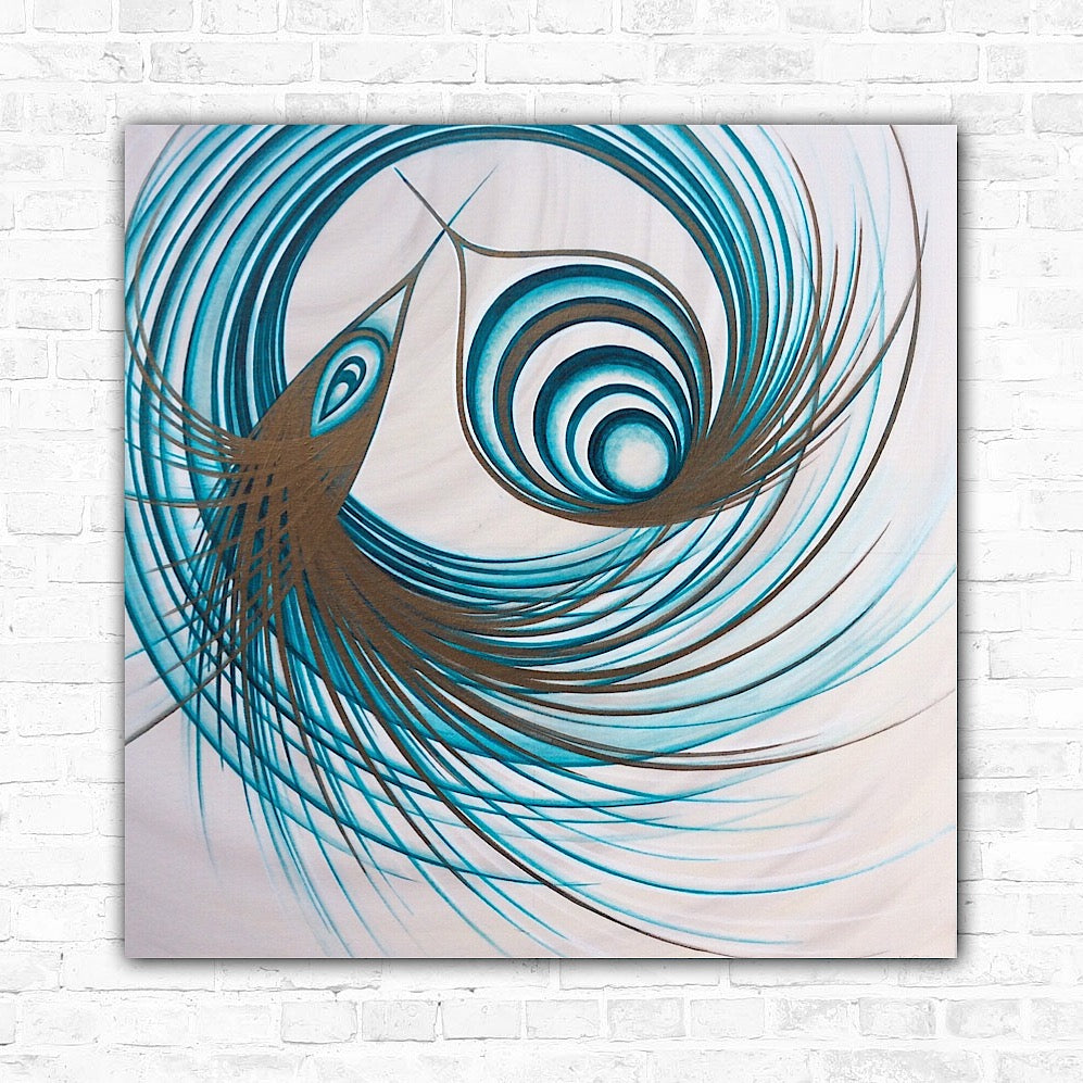 Canvas wall art featuring a teal and gold colour palette with a spiraling and swirling pattern, centered on a geometric design.