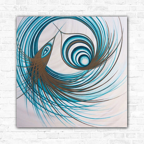 Abstract canvas painting featuring a teal and gold colour palette with a spiralling and swirling pattern, centred on a geometric design.