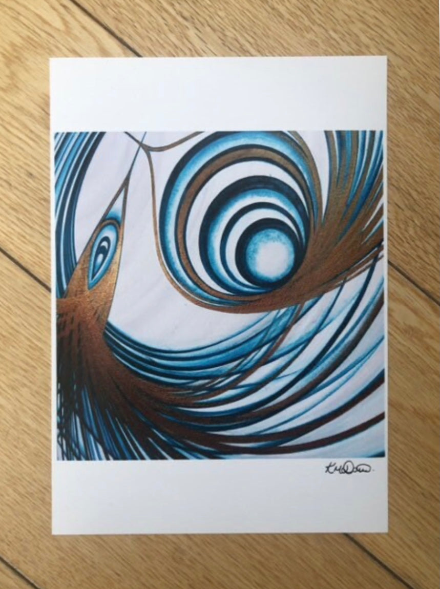 Teal and gold artwork.