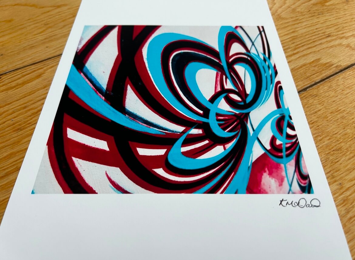 Red and turquoise modern flower art prints on paper. Created and sent direct from artists Hampshire studio UK.