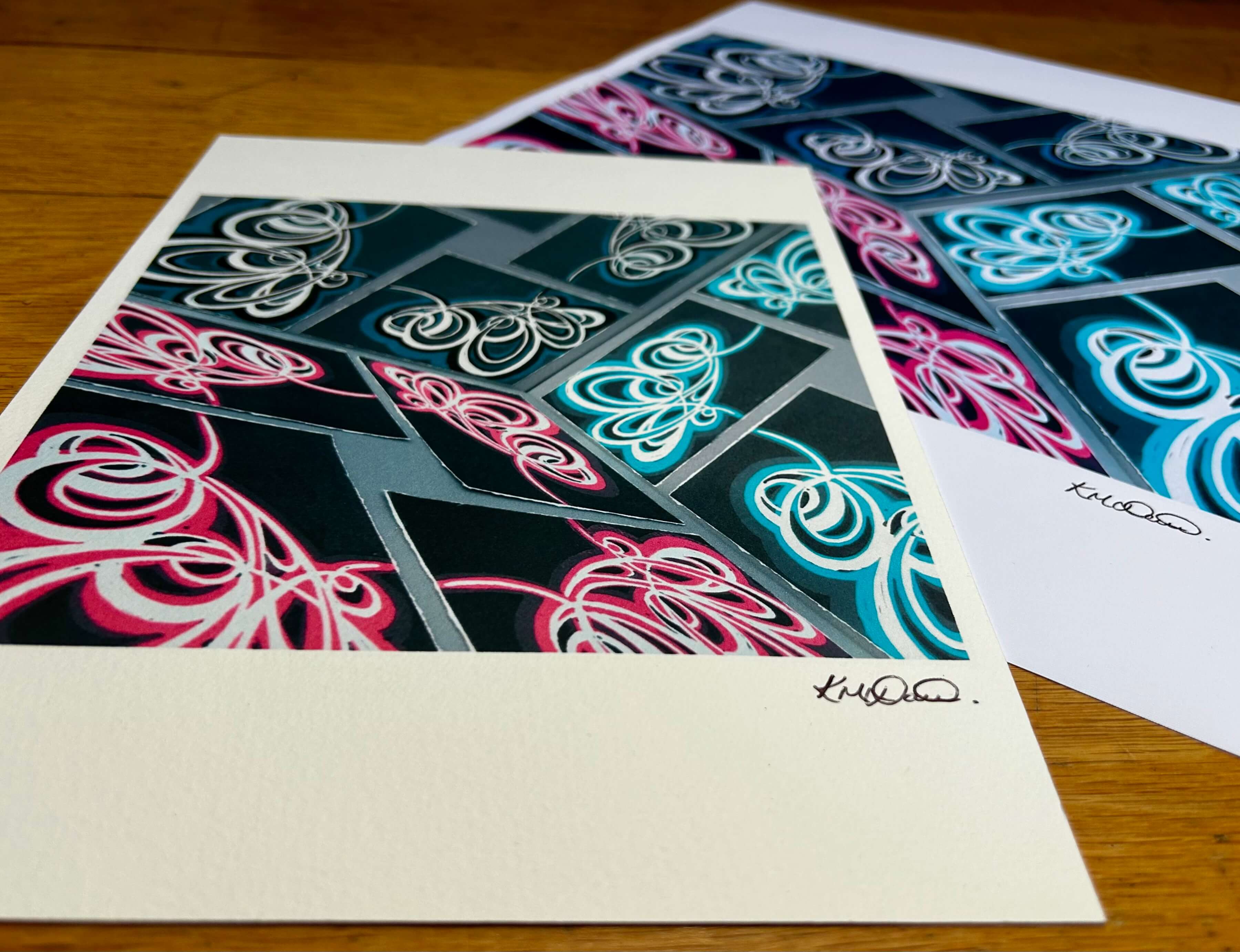 Abstract colourful art on paper in two sizes, A4 and A3.