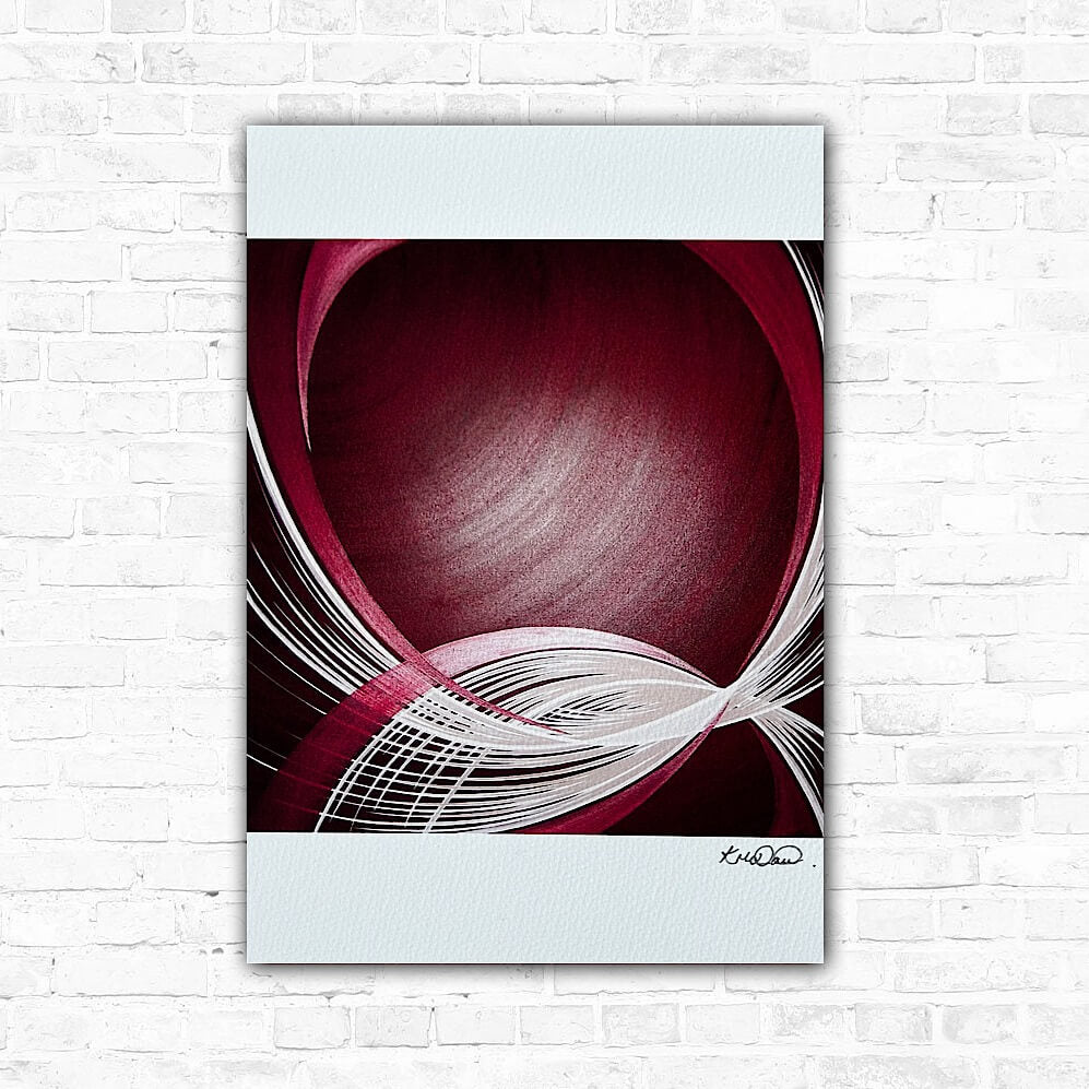 A red and white modern wall artwork, with bold curves and lines, signed by an artist, displayed against a white brick wall.