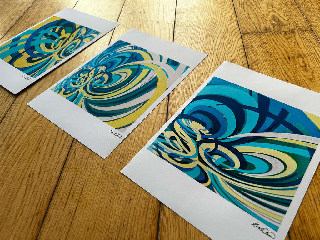 Triptych art of colourful prints created in uk.