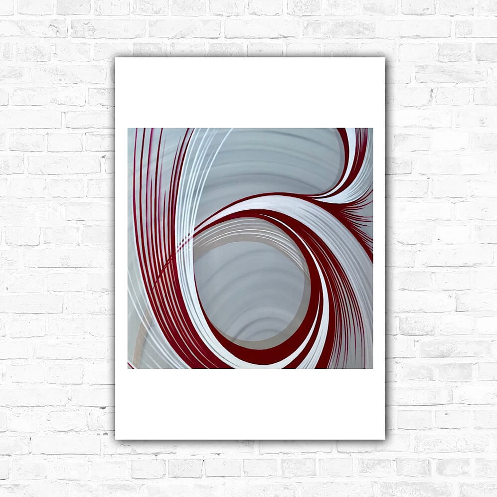 A red and white wall art for kitchen walls displayed on a white background, featuring curved lines and swirls.