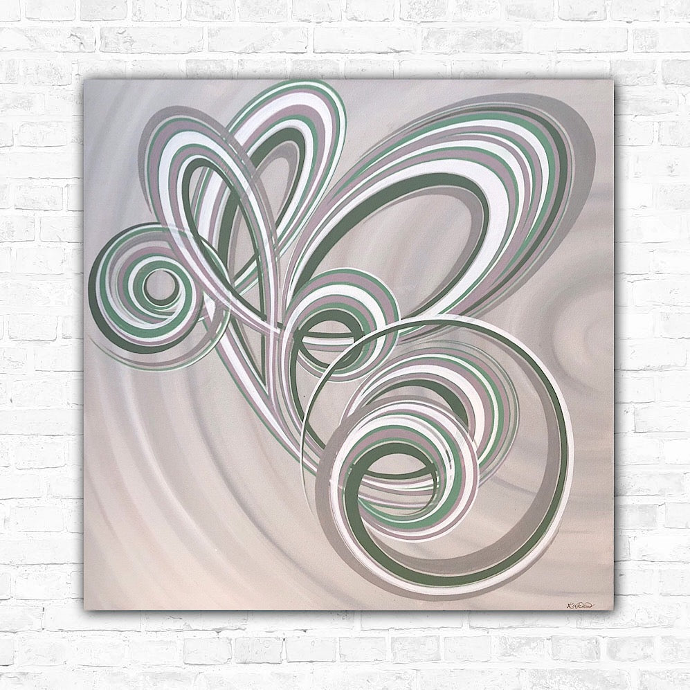 A pastel-toned abstract canvas intertwining lines and curves in a dynamic, swirling pattern.