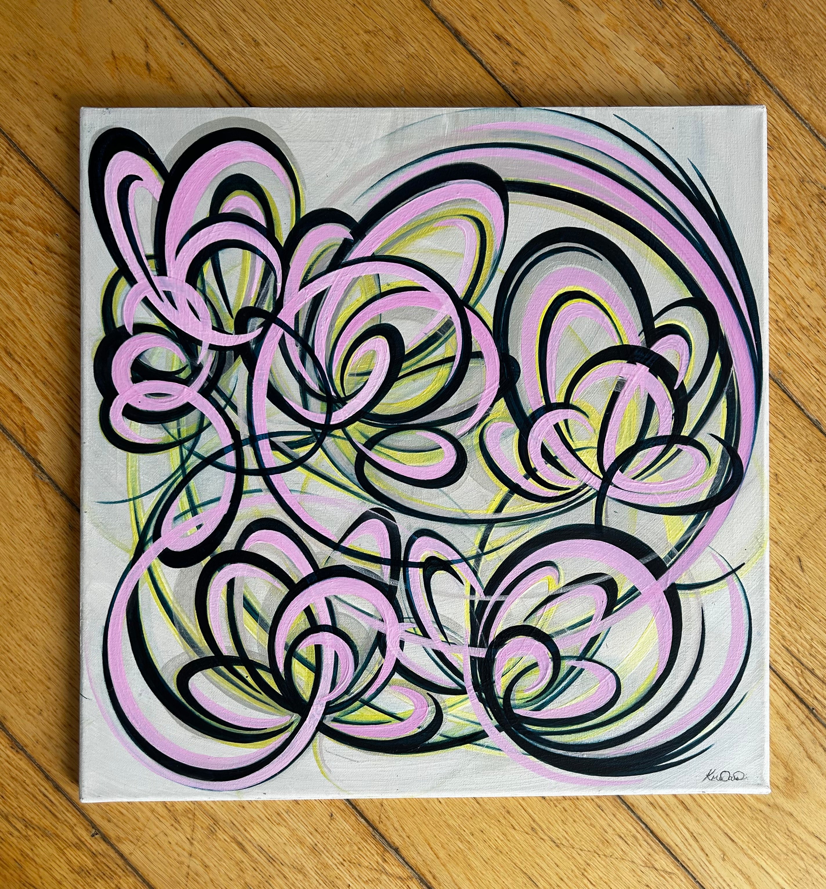 Pink, navy and yellow conceptual flower painting.