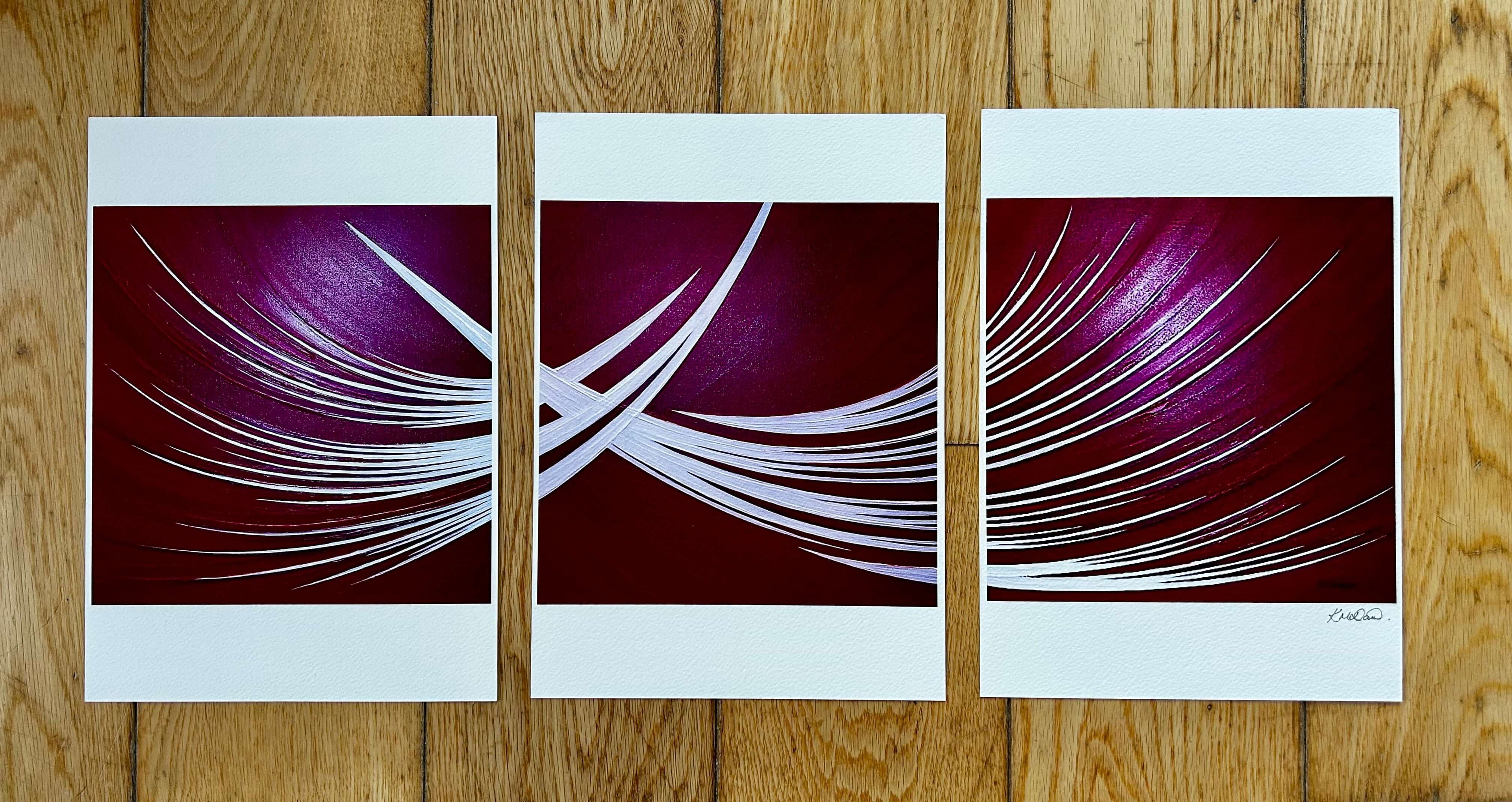 Set of three red and white modern abstract artwork 