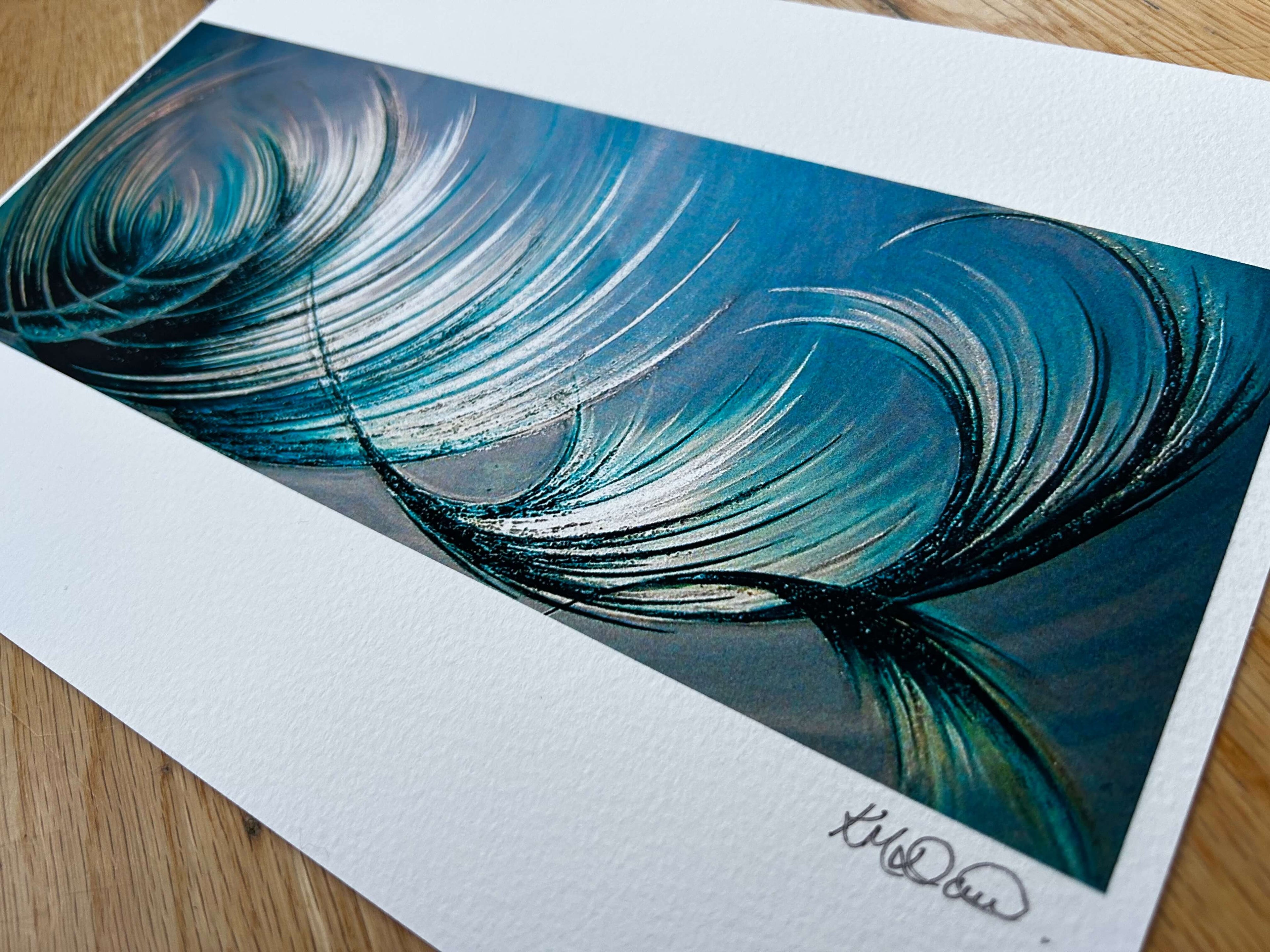 Blue abstract art print with feathered design effect.