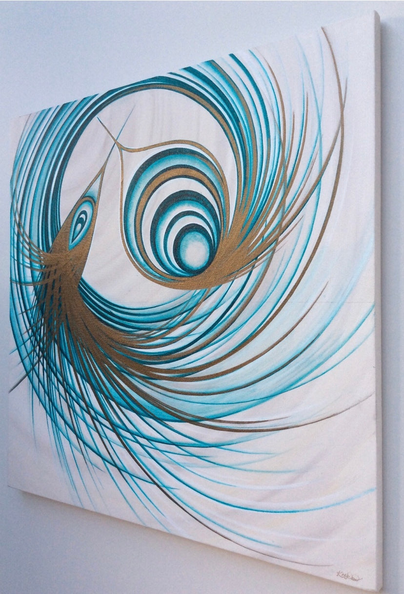 Original abstract gold and teal canvas wall painting