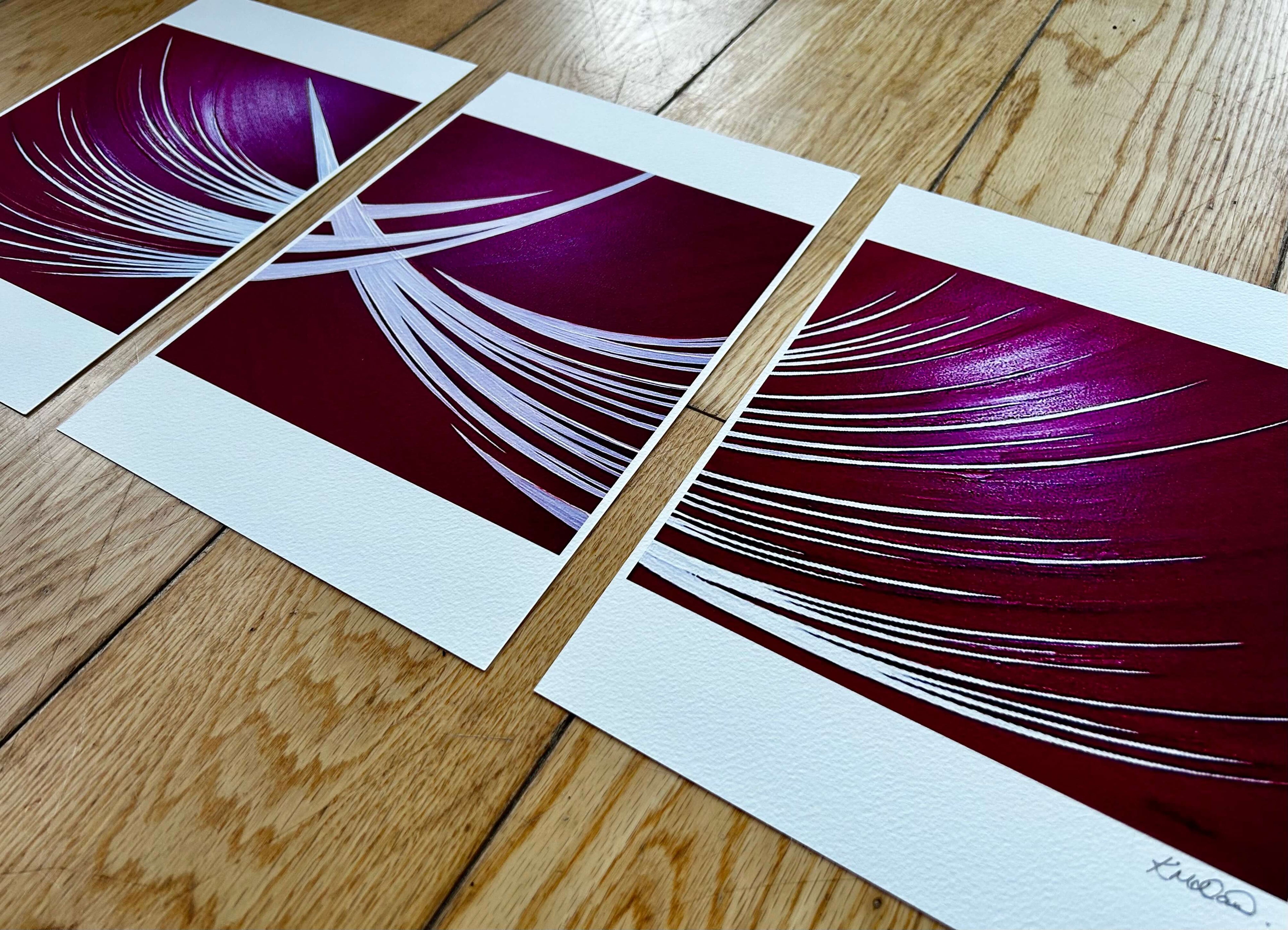 Red and white modern abstract triptych print set by uk artist.