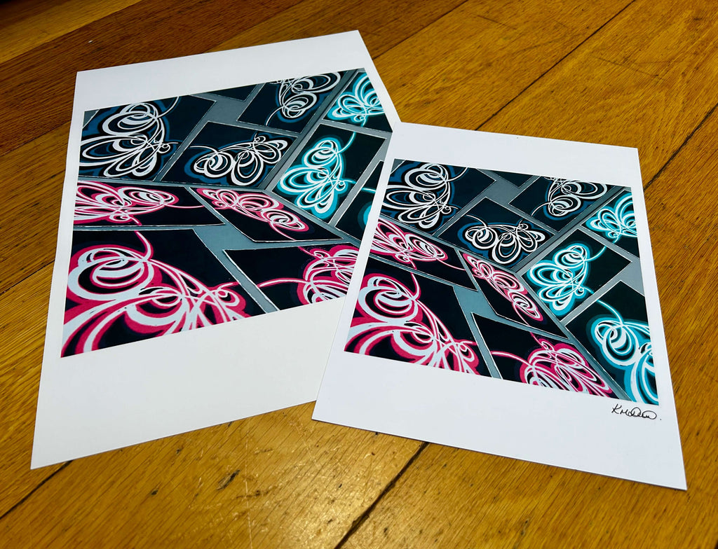 Two colourful art prints in an abstract style. 