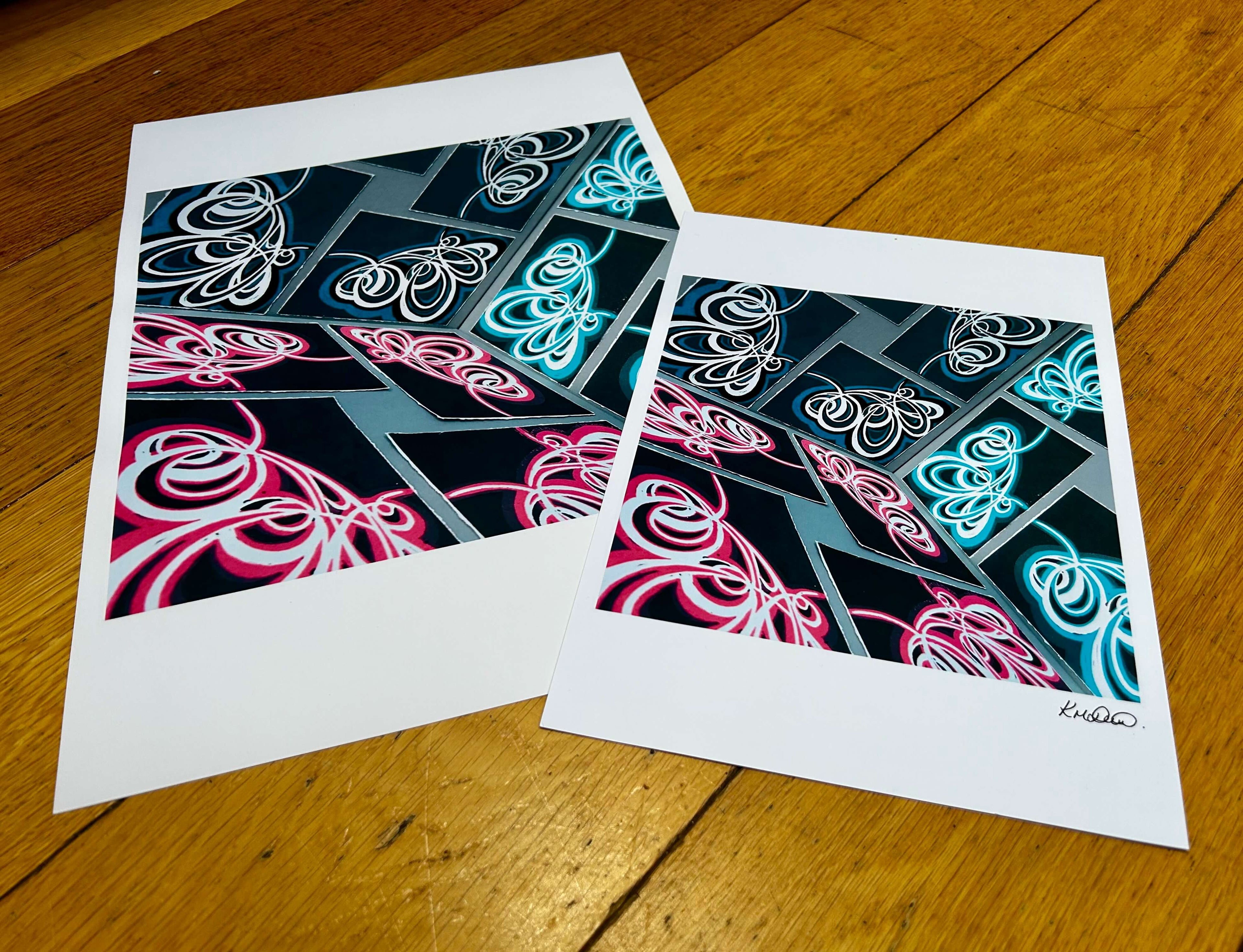 Two colourful art prints in an abstract style. 