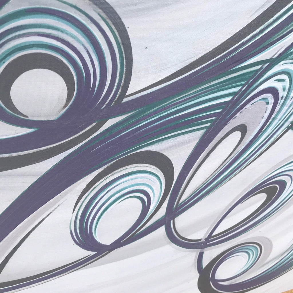 Large square contemporary painting with purple, green and grey abstract swirl design on canvas.