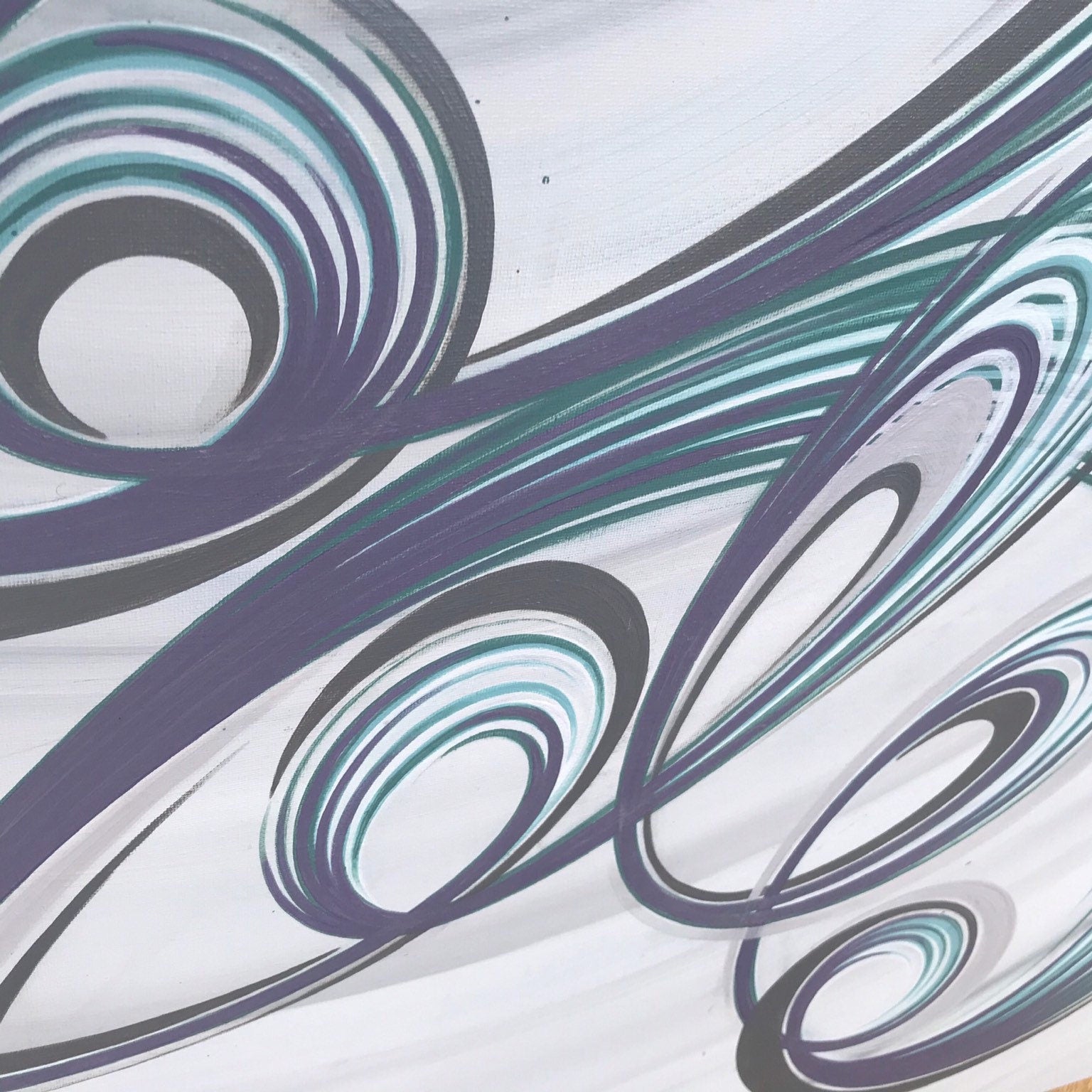 Large square contemporary painting with purple, green and grey abstract swirl design on canvas.