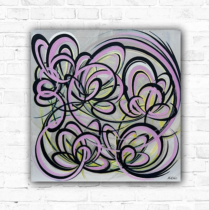 A abstract flower painting in yellow, blue, and pink tones with pearlescent medium.