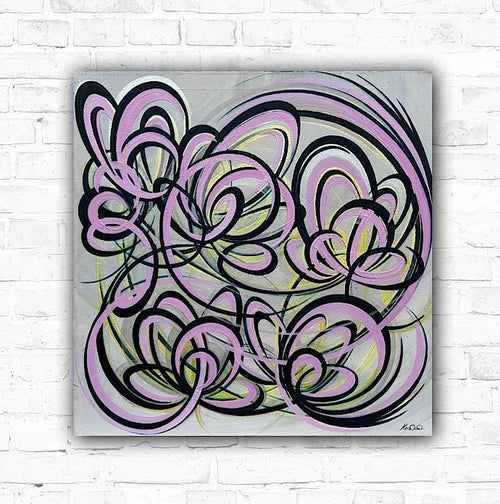 A abstract flower painting in yellow, blue, and pink tones with pearlescent medium.