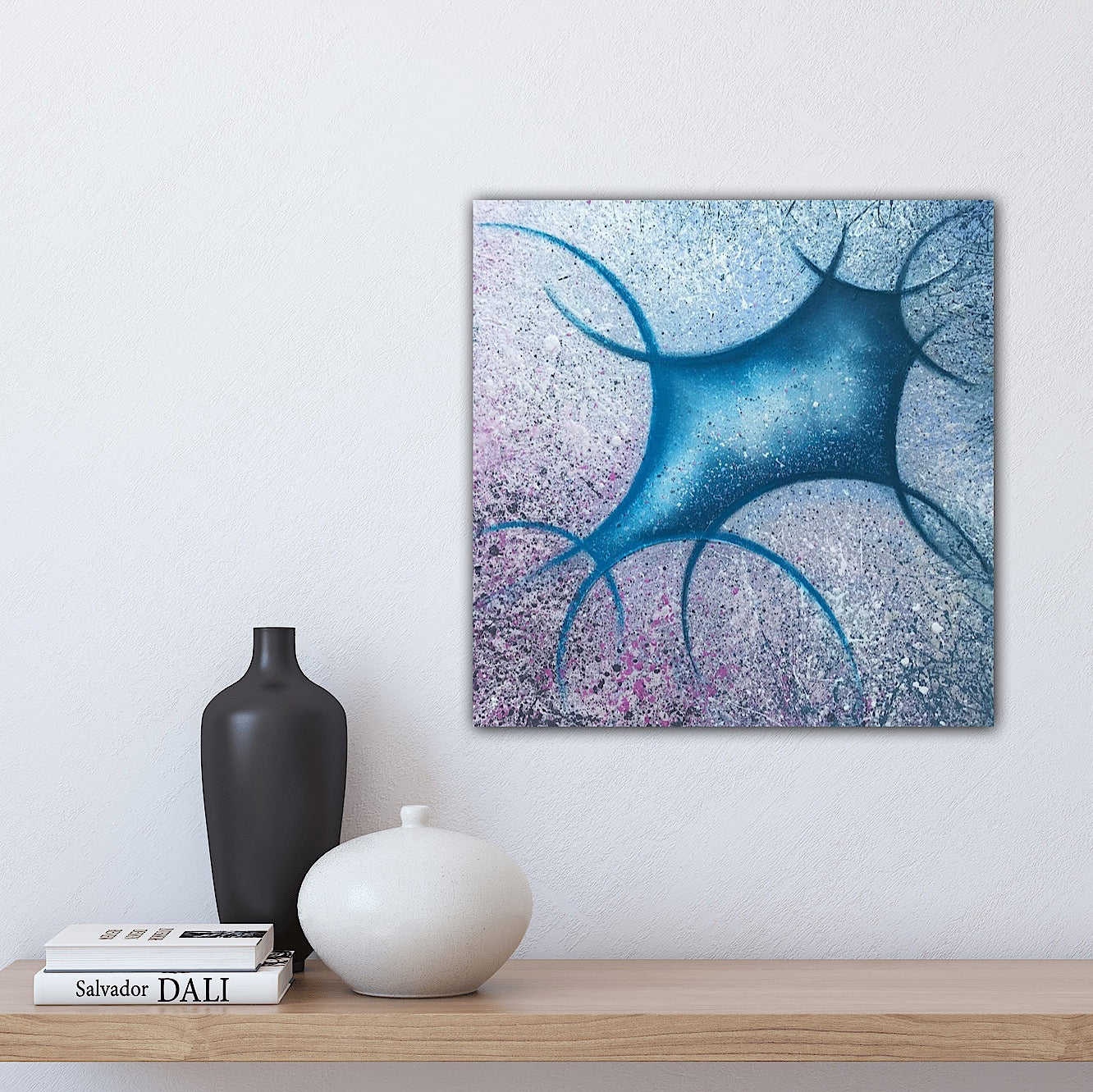 Pink and blue square textured composition on canvas.