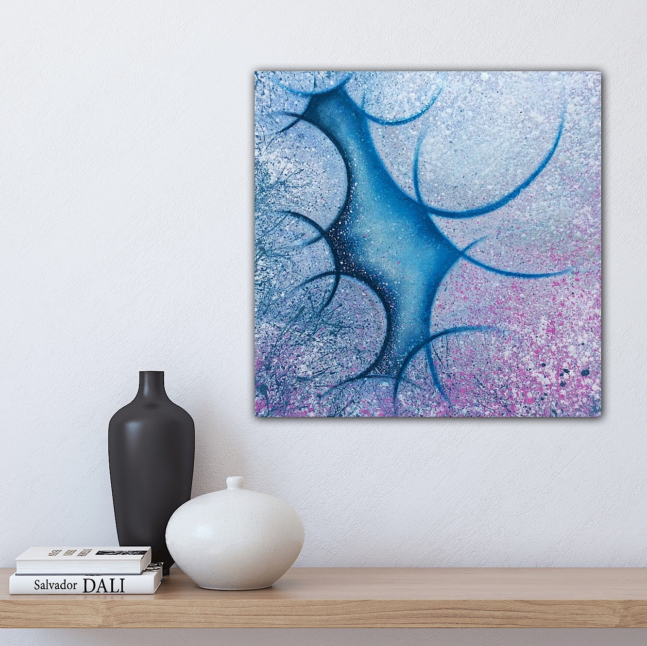 Pink and blue square abstract textured painting on canvas.