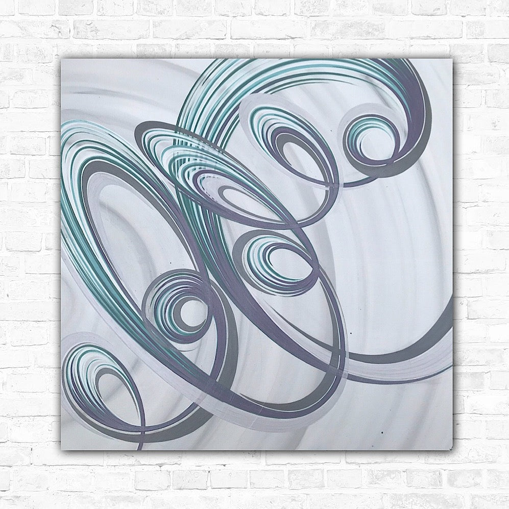 A large artwork featuring a continuum of creativity and inspiration in shades of blue and white.