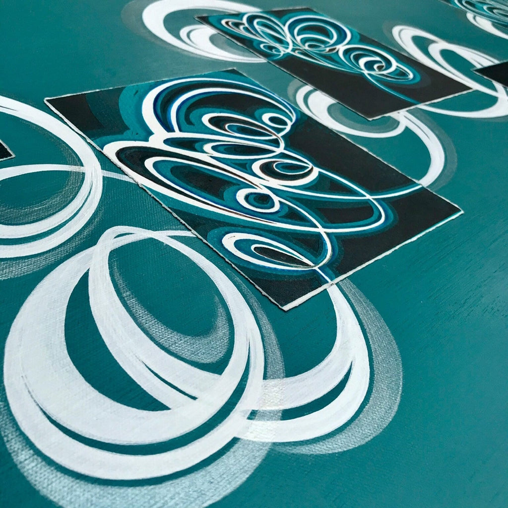 Original large canvas wall art including abstract hand crafted lino prints.