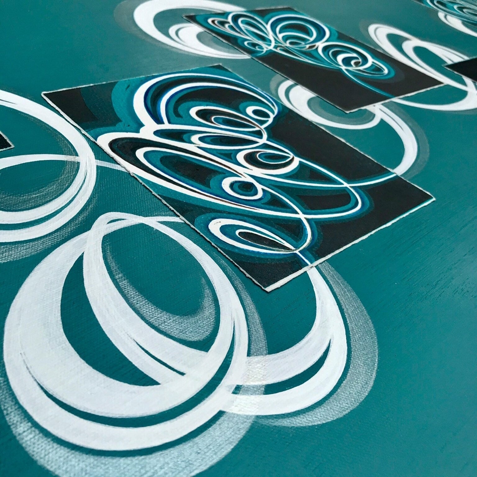 Original large canvas wall art including abstract hand crafted lino prints.