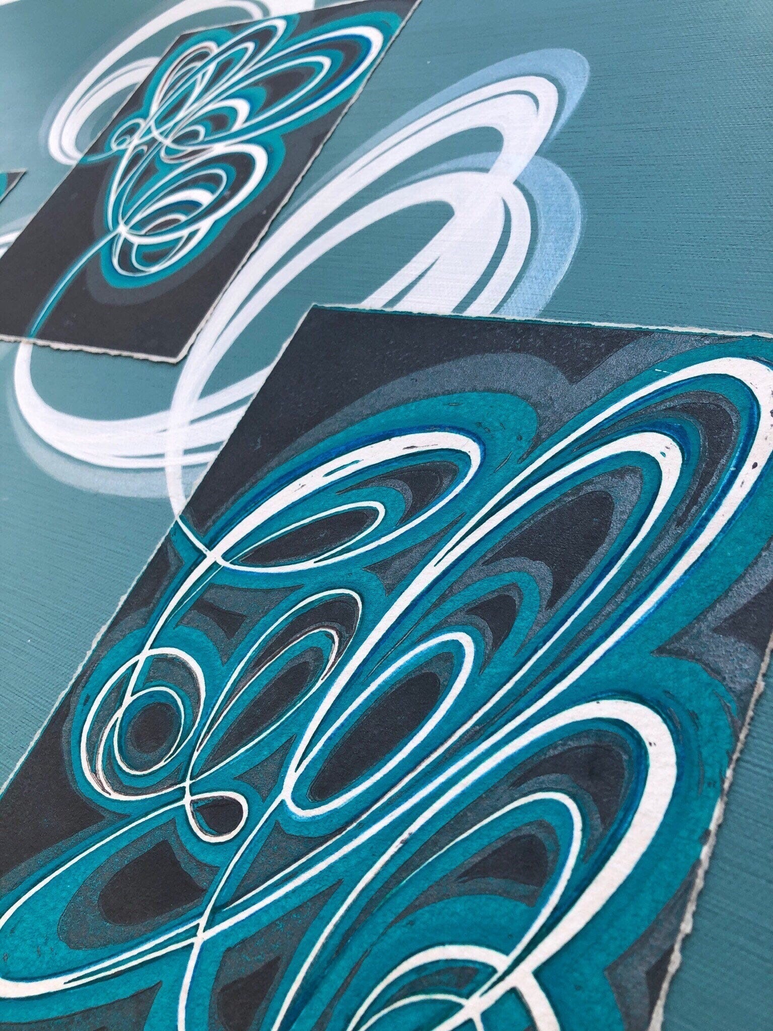 Large turquoise and white rhythmic canvas wall art.